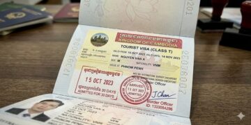 visa du lịch Campuchia (mẫu chữ T) được dán vào hộ chiếu cùng con dấu nhập cảnh