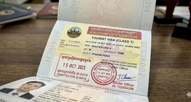 visa du lịch Campuchia (mẫu chữ T) được dán vào hộ chiếu cùng con dấu nhập cảnh