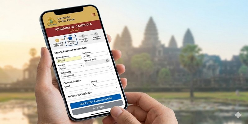 Trang web hiển thị các bước đăng ký e-visa Campuchia trực tuyến